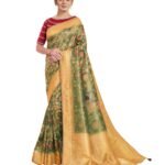 Green Tissue Jacquard Floral Print Saree With Red Embroidered Blouse