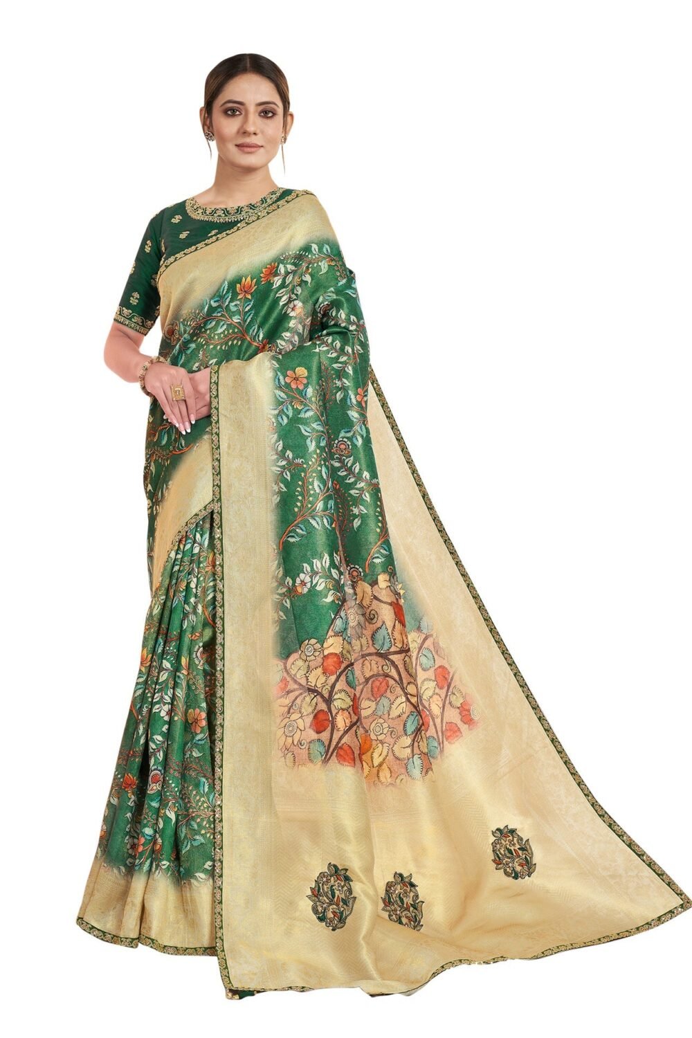 Green Tissue Floral Print Saree With Raw Silk Embroidered Blouse