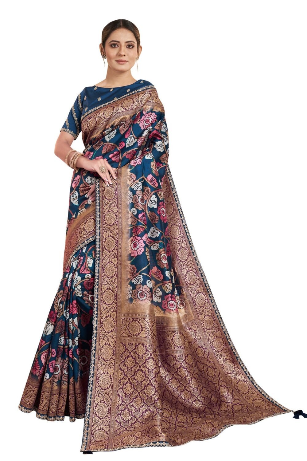 Blue Tusser Silk Jacquard Floral Print Saree With Silk Embroidered Blouse