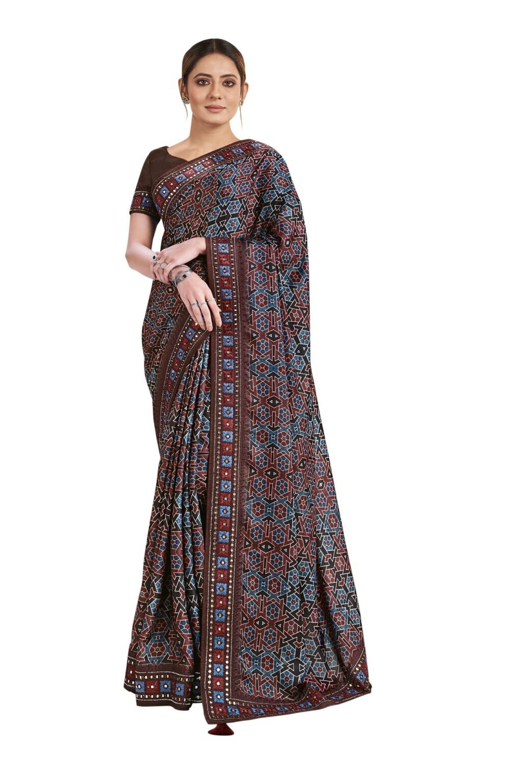 Brown Gajji Silk Geomatric Print Saree With Brown Thread Work Blouse