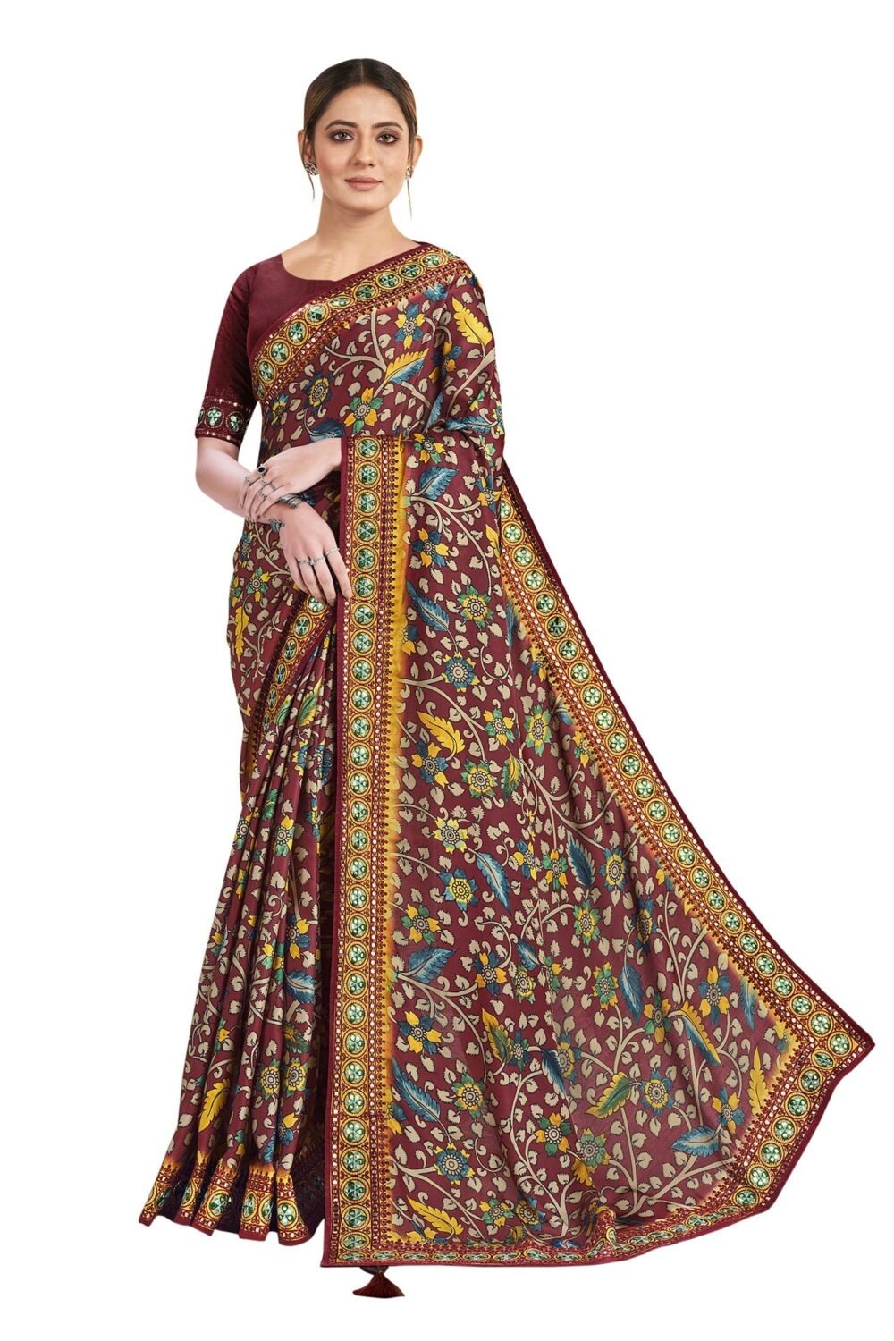 Brown Gajji Silk Floral Print Saree With Brown Thread Work Blouse