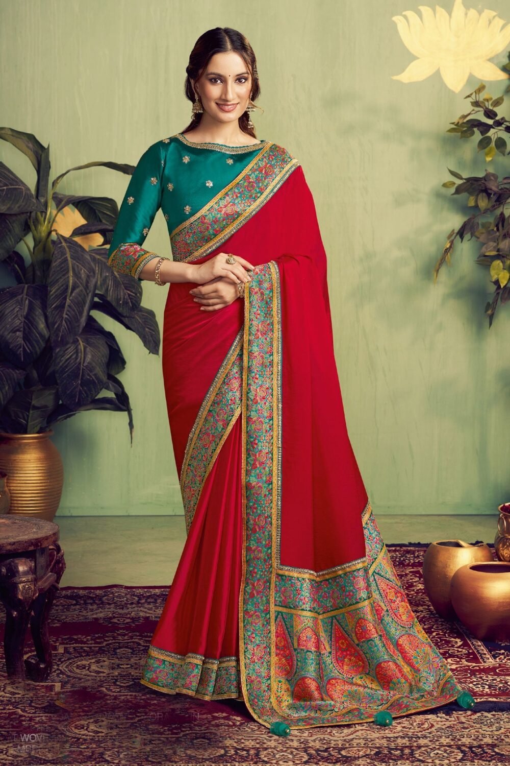 Red Kora Satin Silk Women Saree With Green Embroidered Blouse