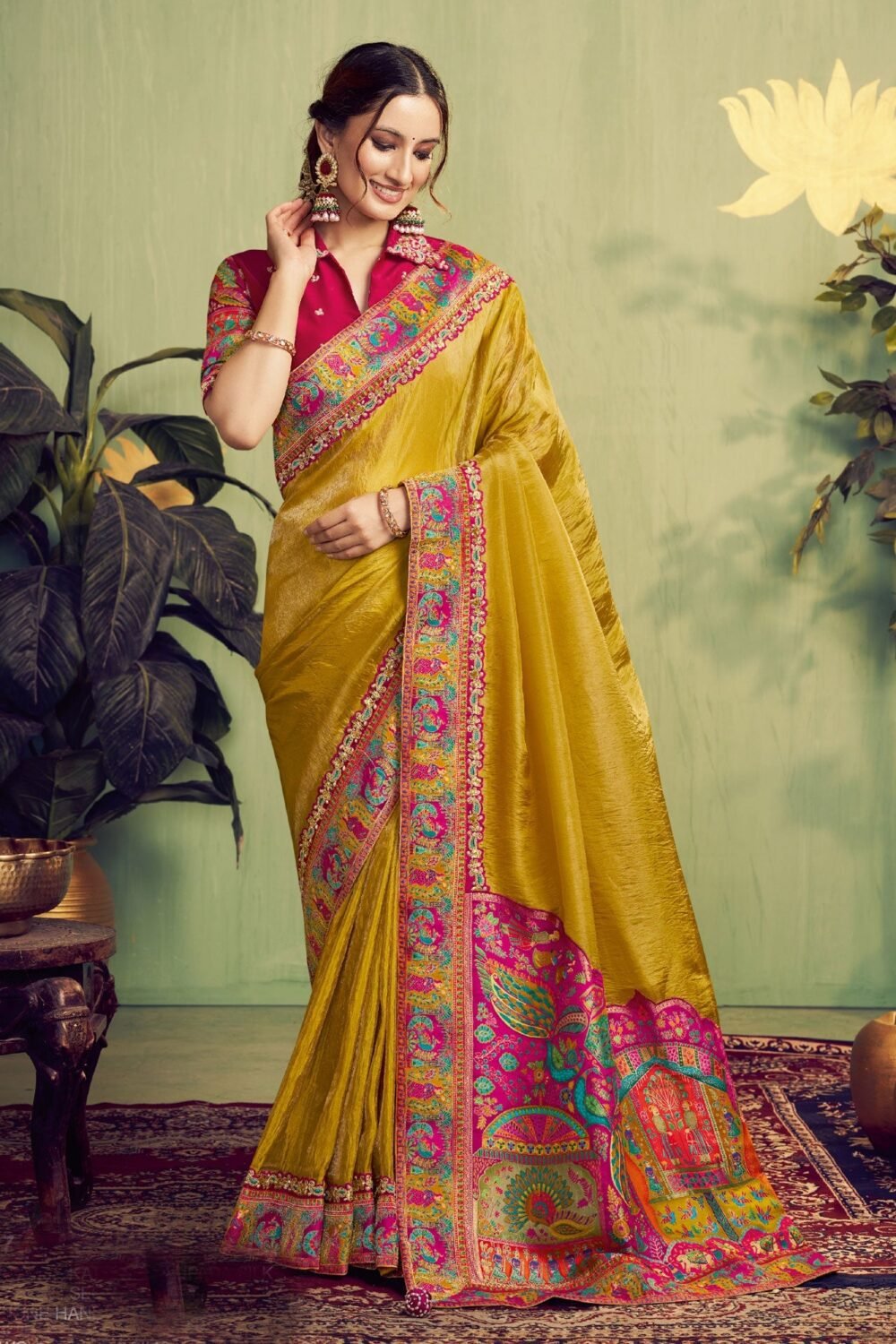 Yellow Upada Silk Women Saree With Pink Embroidered Blouse