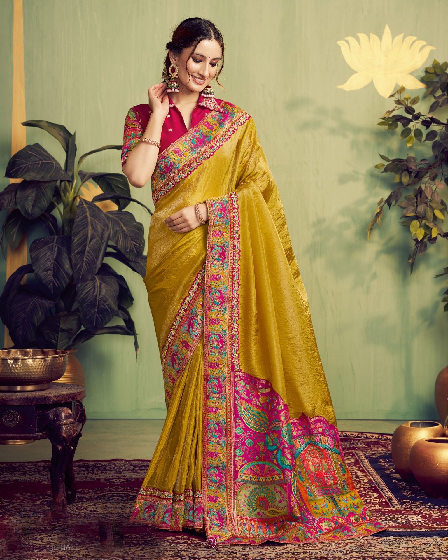 Yellow Upada Silk Women Saree With Pink Embroidered Blouse