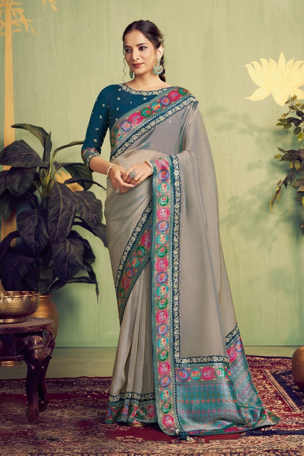Silver Tissue Silk Women Saree With Teal Embroidered Blouse