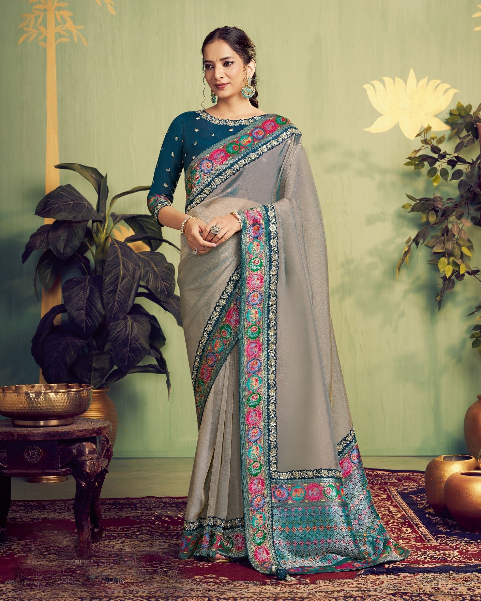Silver Tissue Silk Women Saree With Teal Embroidered Blouse