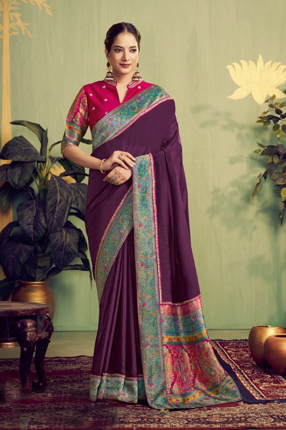 Wine Banarasi Rangkat Natural Silk Women Saree With Pink Embroidered Blouse