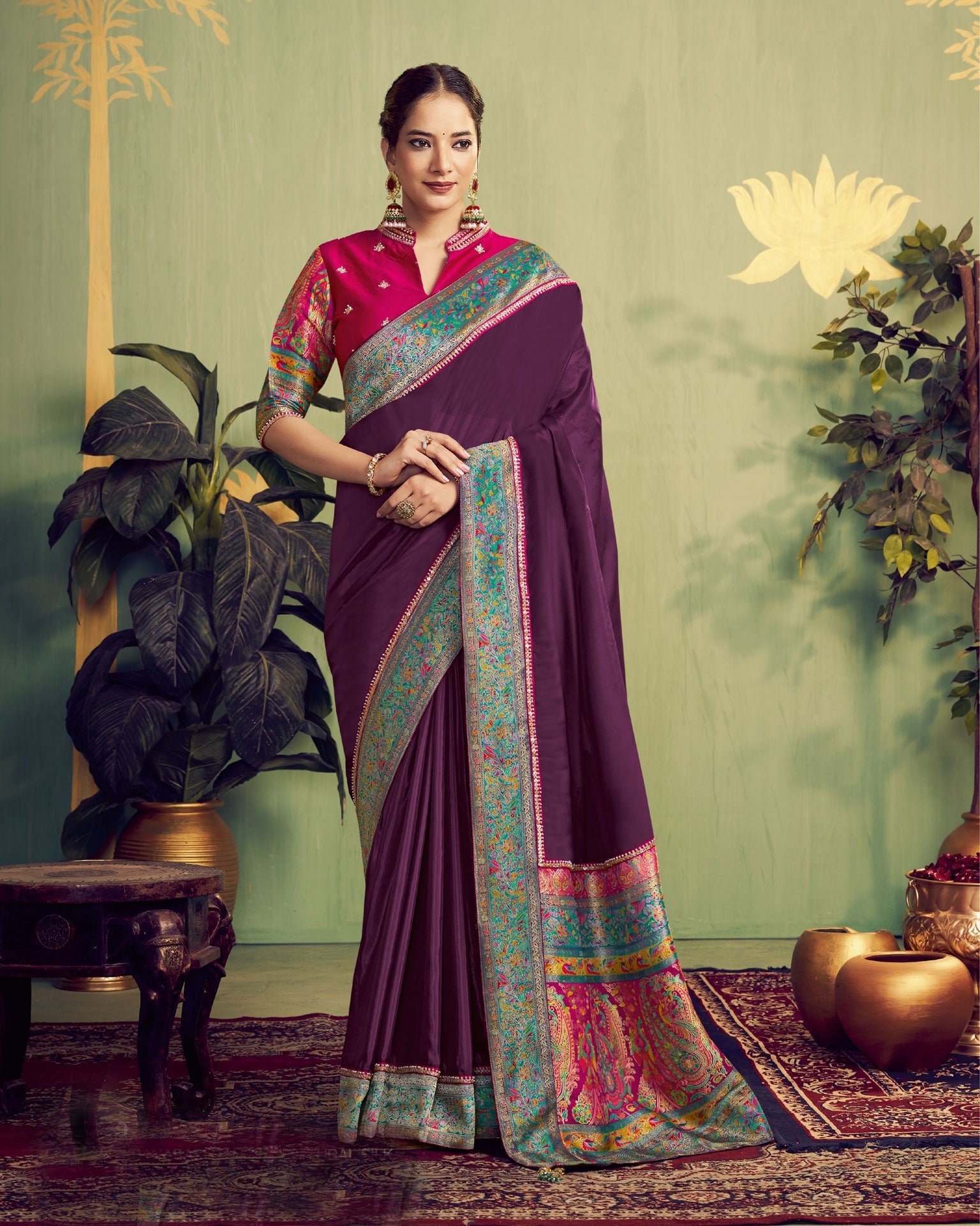 Wine Banarasi Rangkat Natural Silk Women Saree With Pink Embroidered Blouse