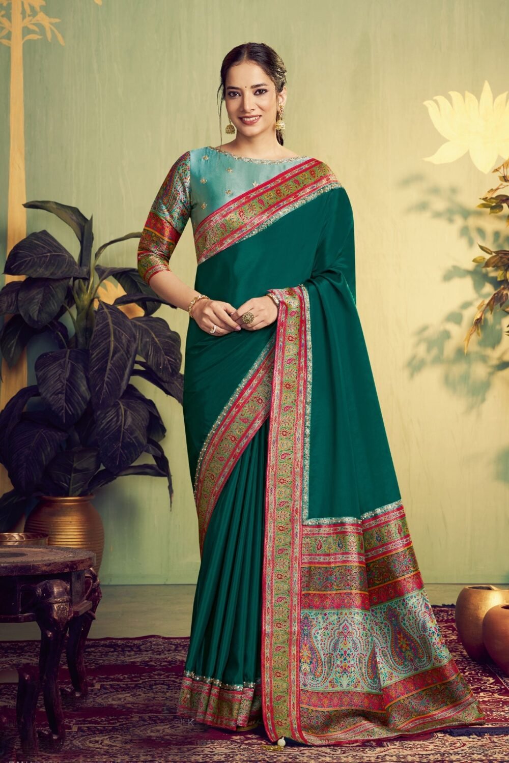 Teal Banarasi Rangkat Natural Silk Women Saree With Sea Green Embroidered Blouse