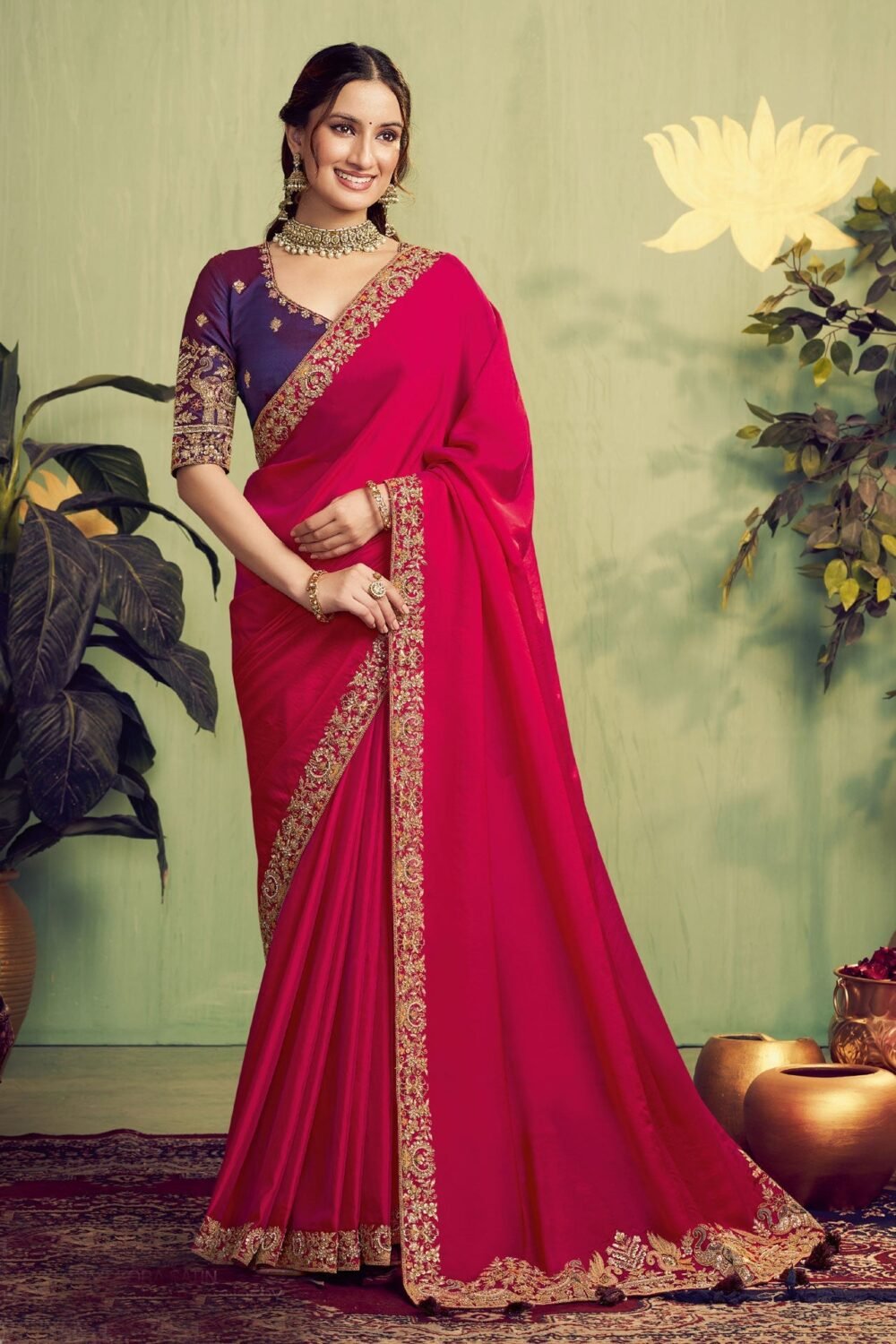 Hot Pink Two Tone Kora Satin Women Saree With Purple Embroidered Blouse