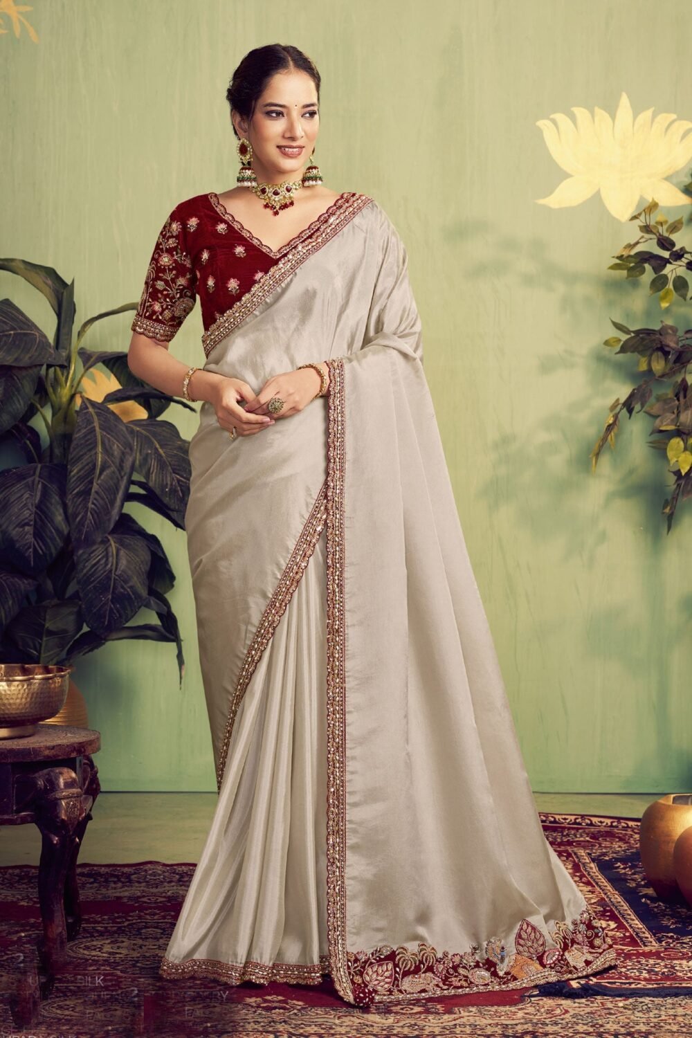 Tusser Upada Silk Women Saree With Maroon Embroidered Velvet Blouse