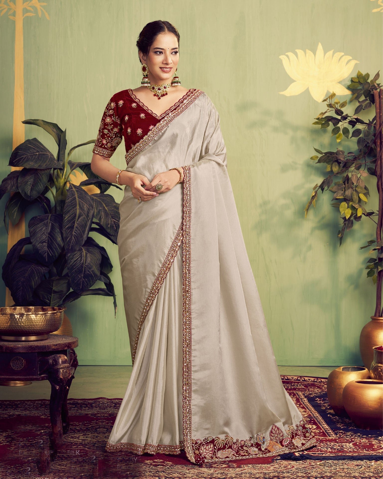 Tusser Upada Silk Women Saree With Maroon Embroidered Velvet Blouse