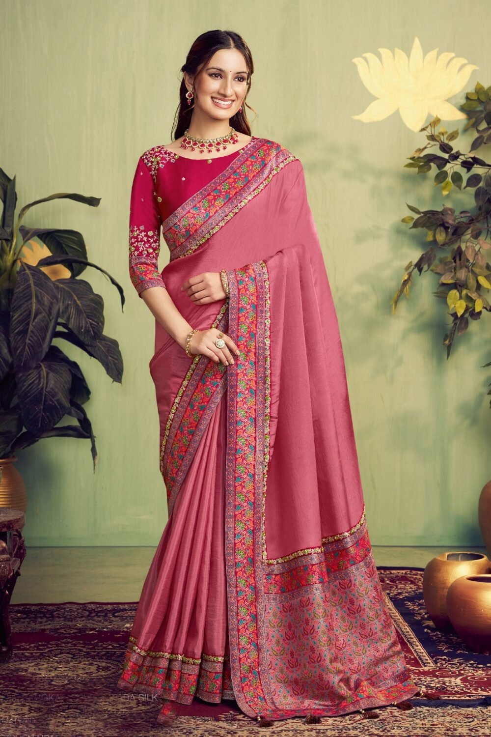 Mauve Pink Upada Silk Women Saree With Pink Embroidered Blouse