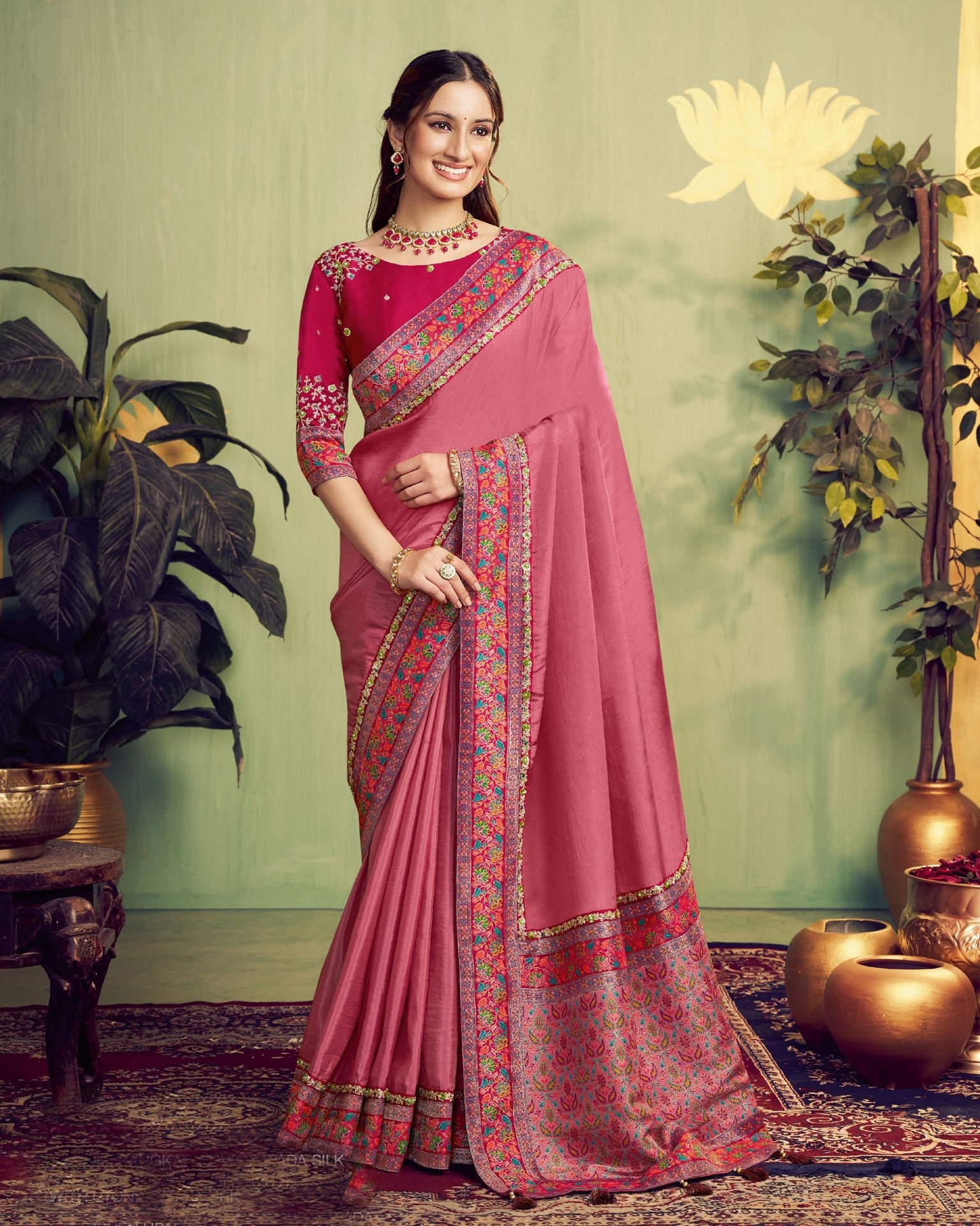 Mauve Pink Upada Silk Women Saree With Pink Embroidered Blouse