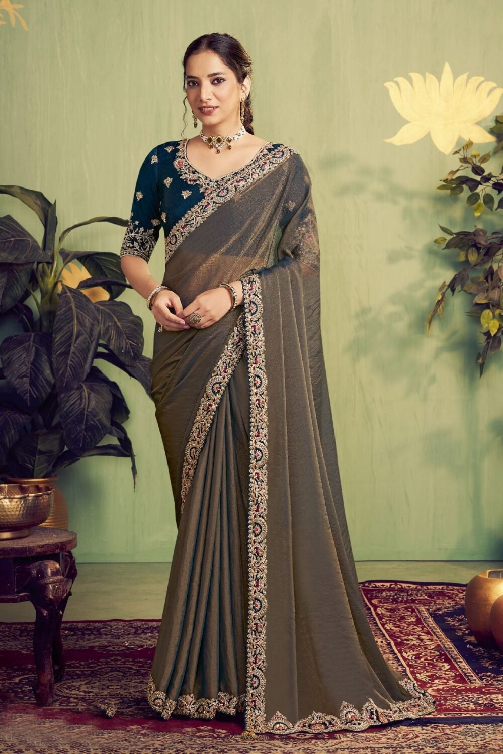 Copper Blue Zari Organza Satin Women Saree With Blue Embroidered Blouse
