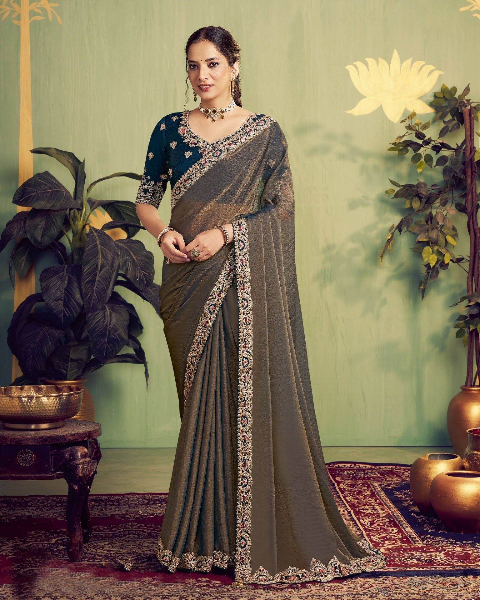 Copper Blue Zari Organza Satin Women Saree With Blue Embroidered Blouse