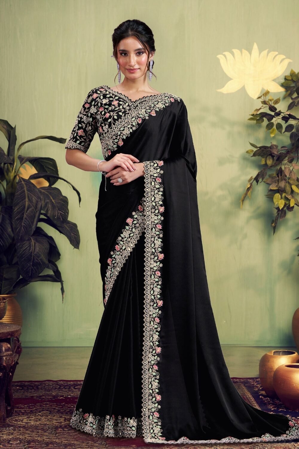 Black Satin Silk Women Saree With Embroidered Blouse