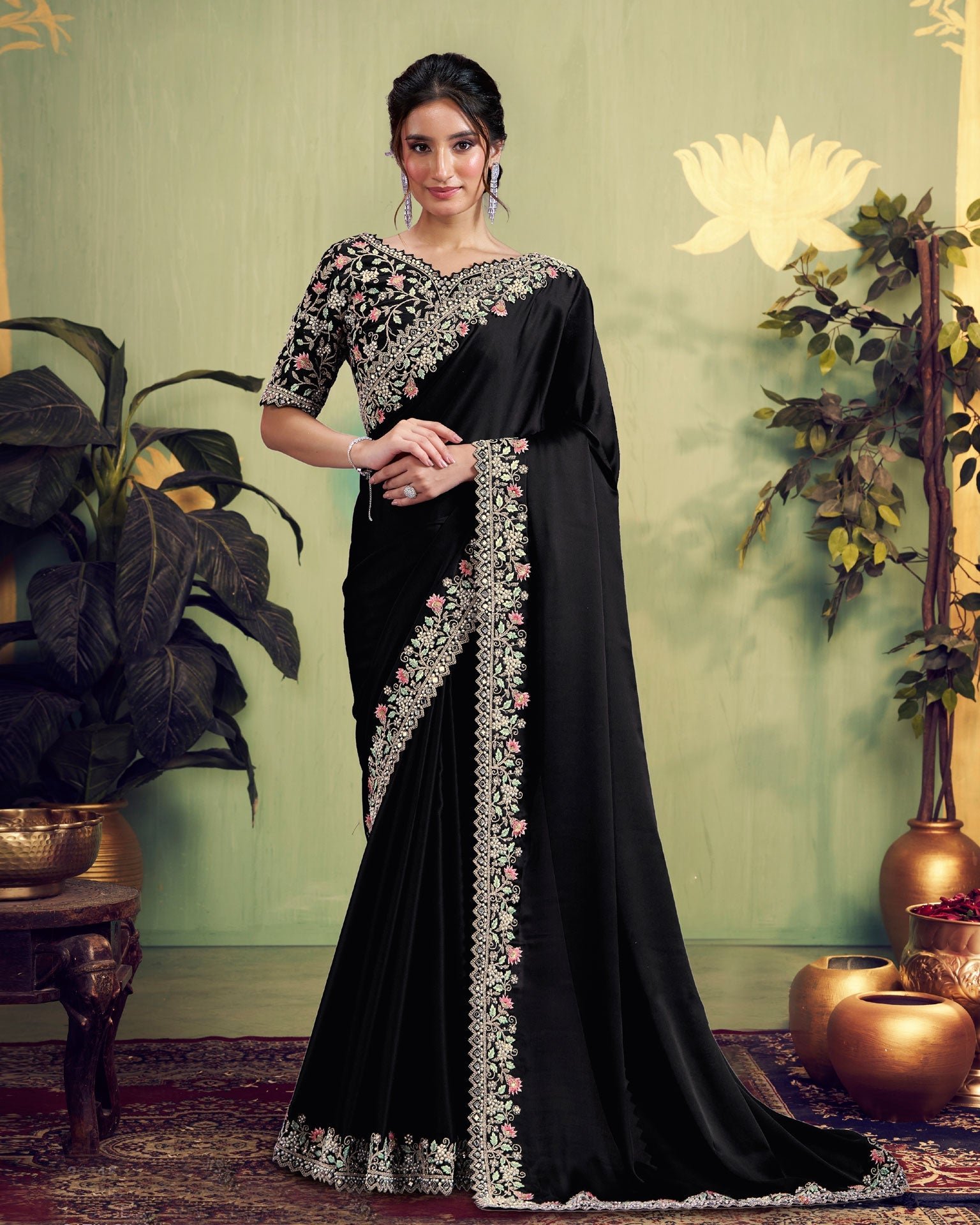 Black Satin Silk Women Saree With Embroidered Blouse