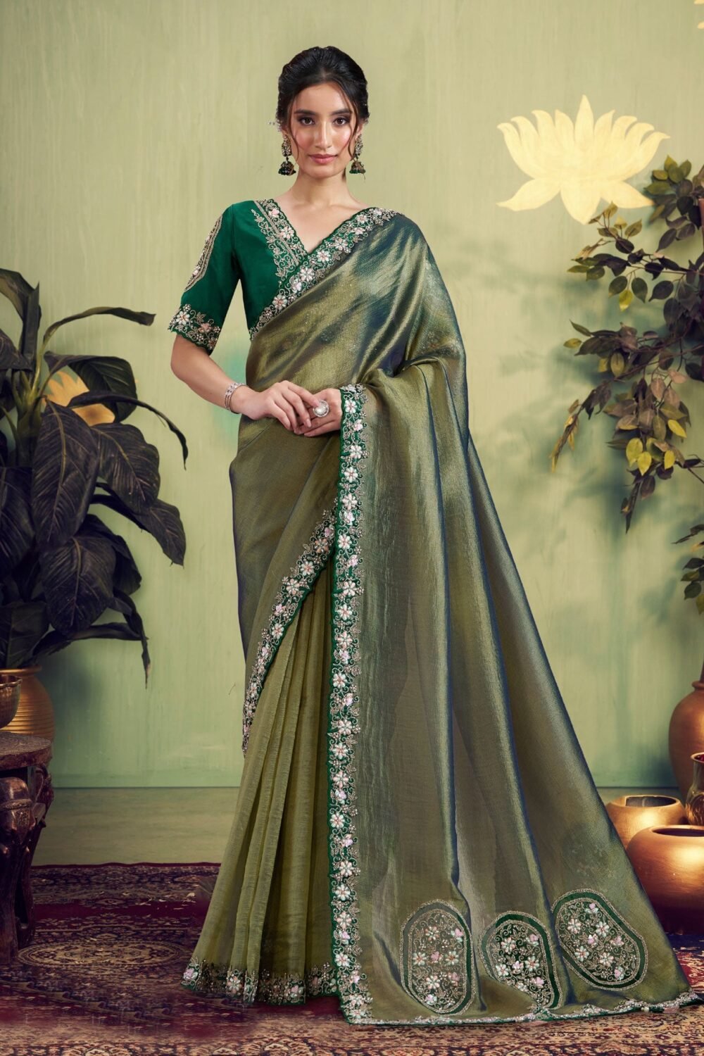 Green Glass Tissue Women Saree With Embroidered Blouse