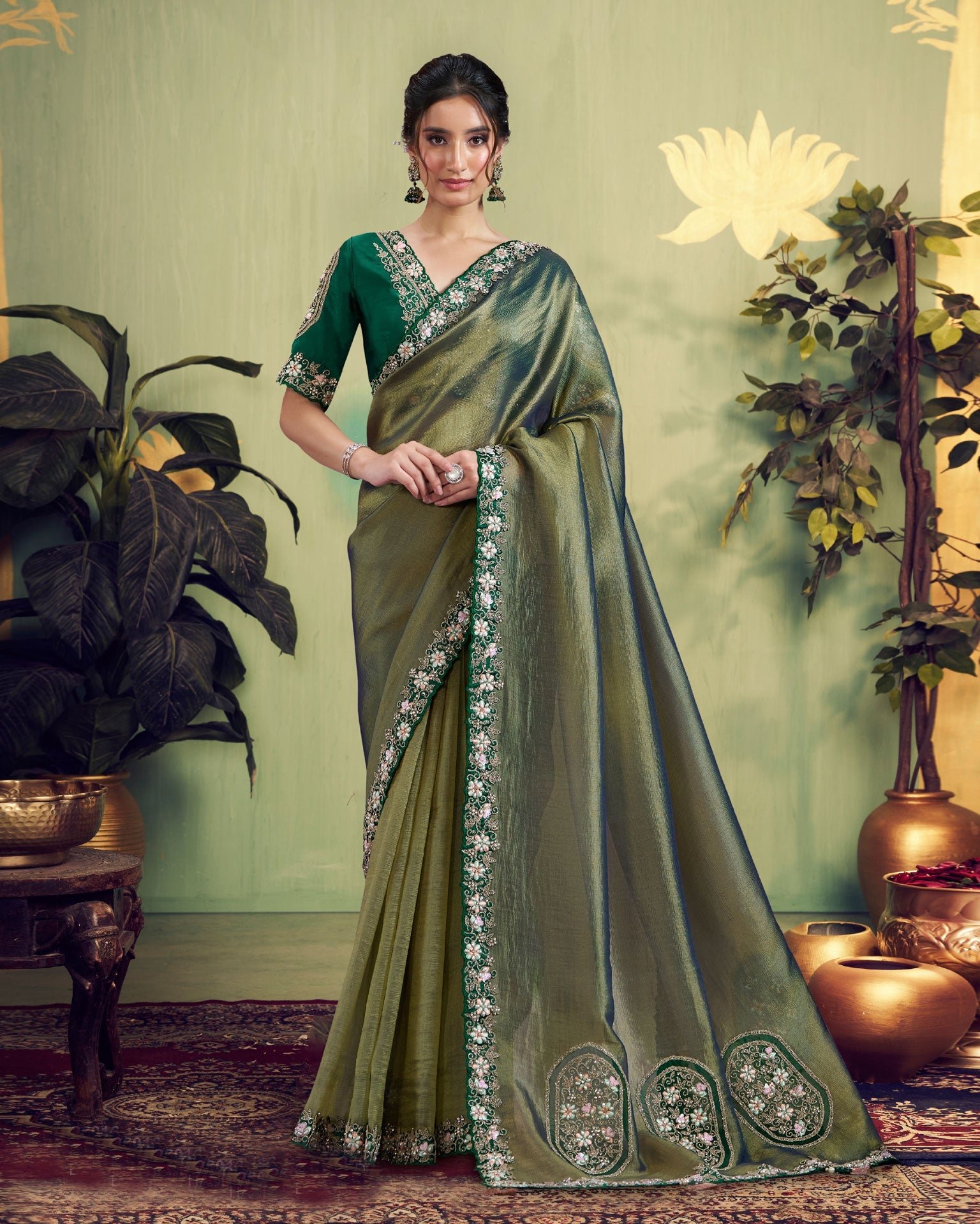 Green Glass Tissue Women Saree With Embroidered Blouse