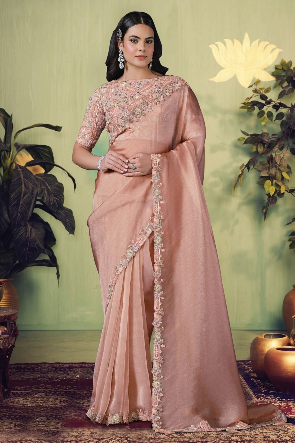 Peach Glass Tissue Moti Work Women Saree With Embroidered Blouse