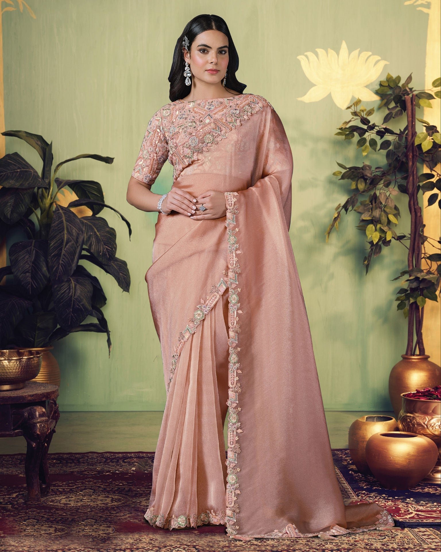 Peach Glass Tissue Moti Work Women Saree With Embroidered Blouse