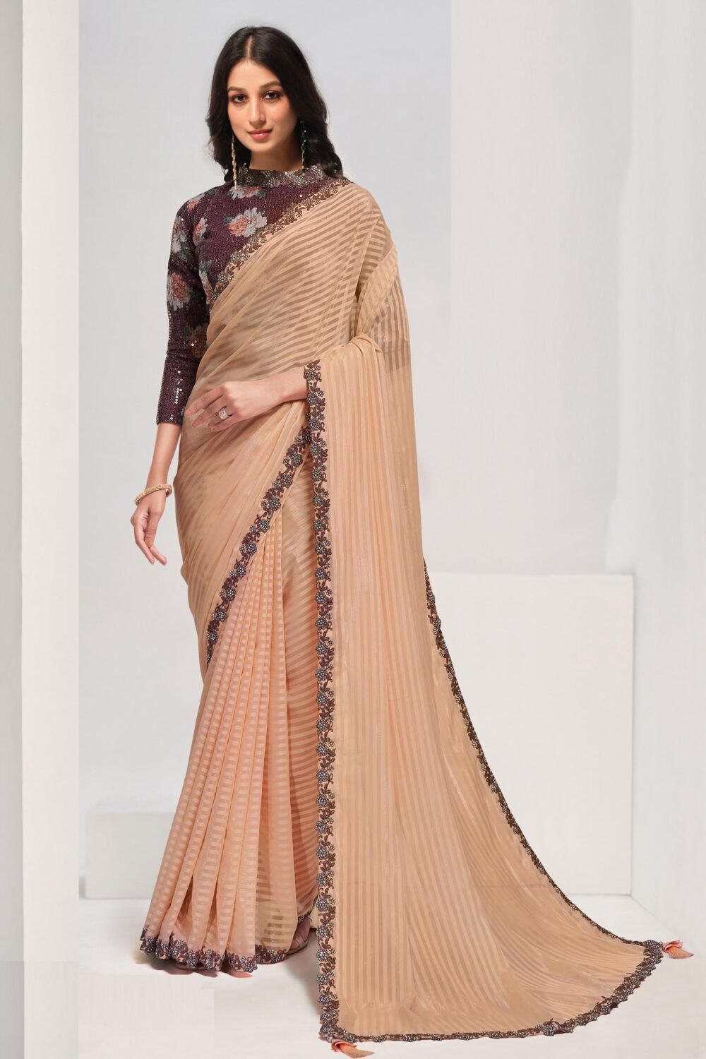 Peach Georgette Women Stone & Sequins Work Saree With Maroon Embroidered Unstitched Blouse