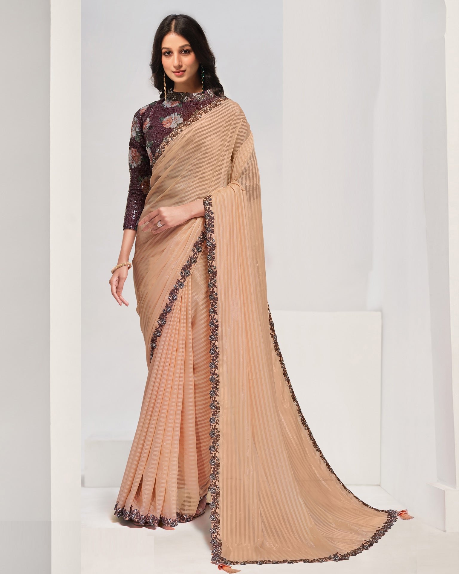 Peach Georgette Women Stone & Sequins Work Saree With Maroon Embroidered Unstitched Blouse