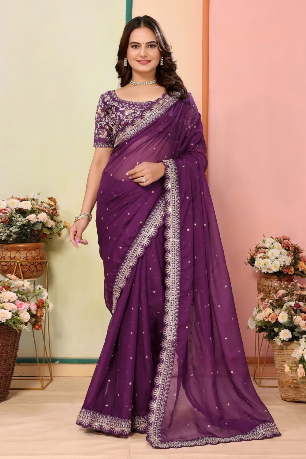 Wine Organza Embroidered Women Saree With Art Silk Embroidered Blouse