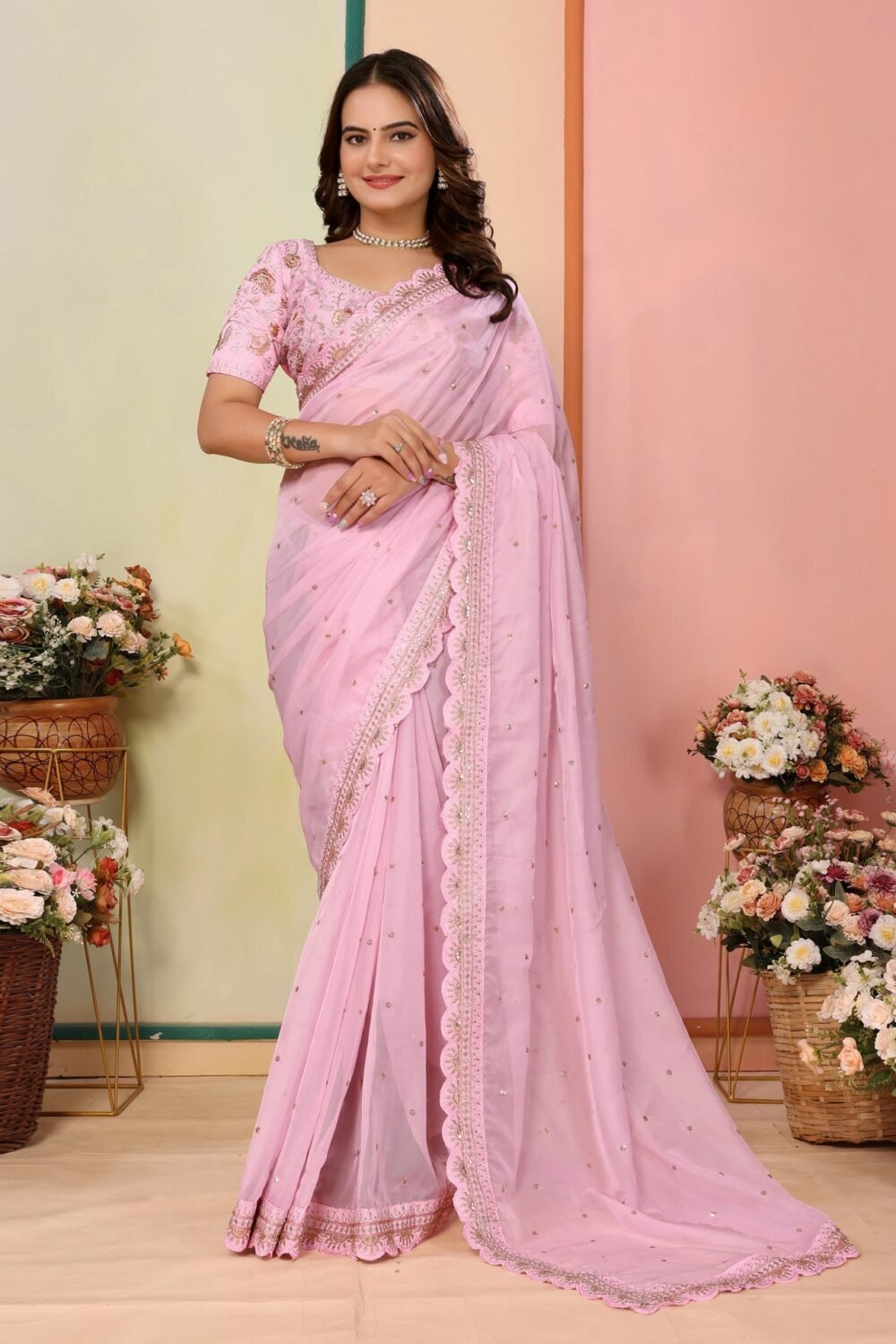 Pink Organza Embroidered Women Saree With Art Silk Embroidered Blouse
