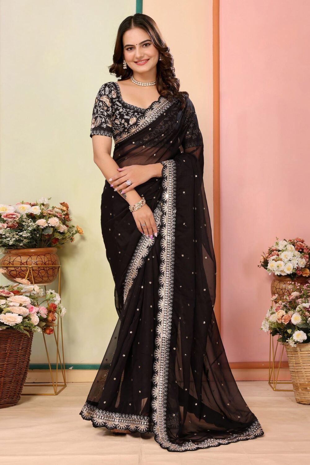 Black Organza Embroidered Women Saree With Art Silk Embroidered Blouse