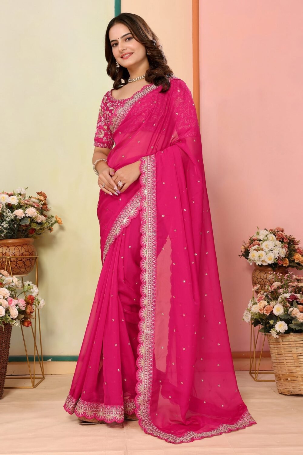 Dark Pink Organza Embroidered Women Saree With Art Silk Embroidered Blouse
