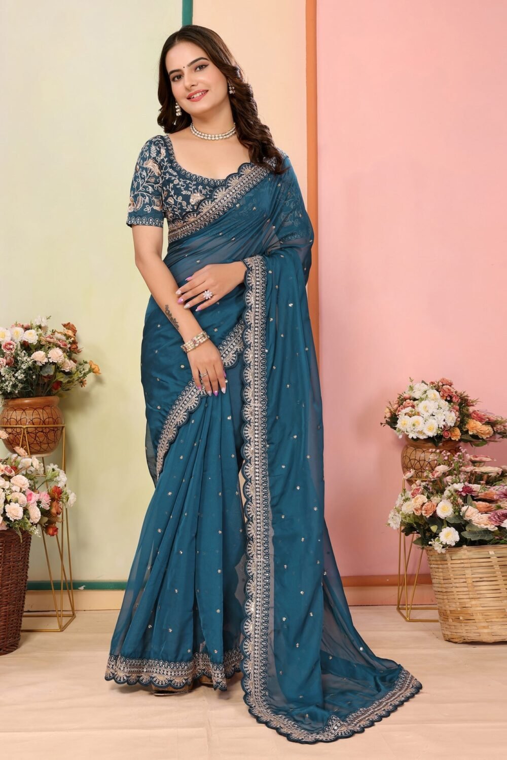 Teal Blue Organza Embroidered Women Saree With Art Silk Embroidered Blouse