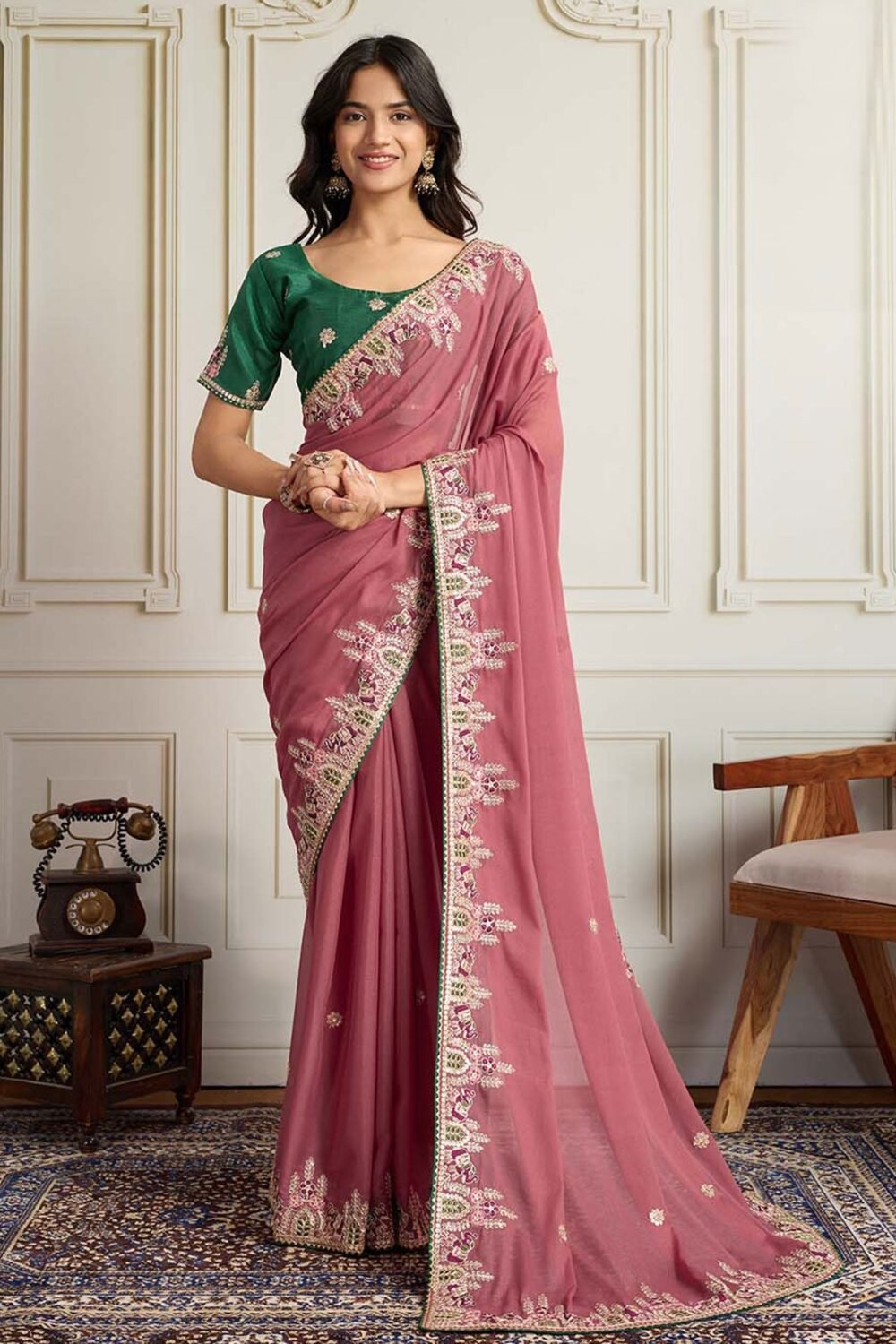 Pink Georgette Saree With Embroidered Art Silk Green Blouse For Women