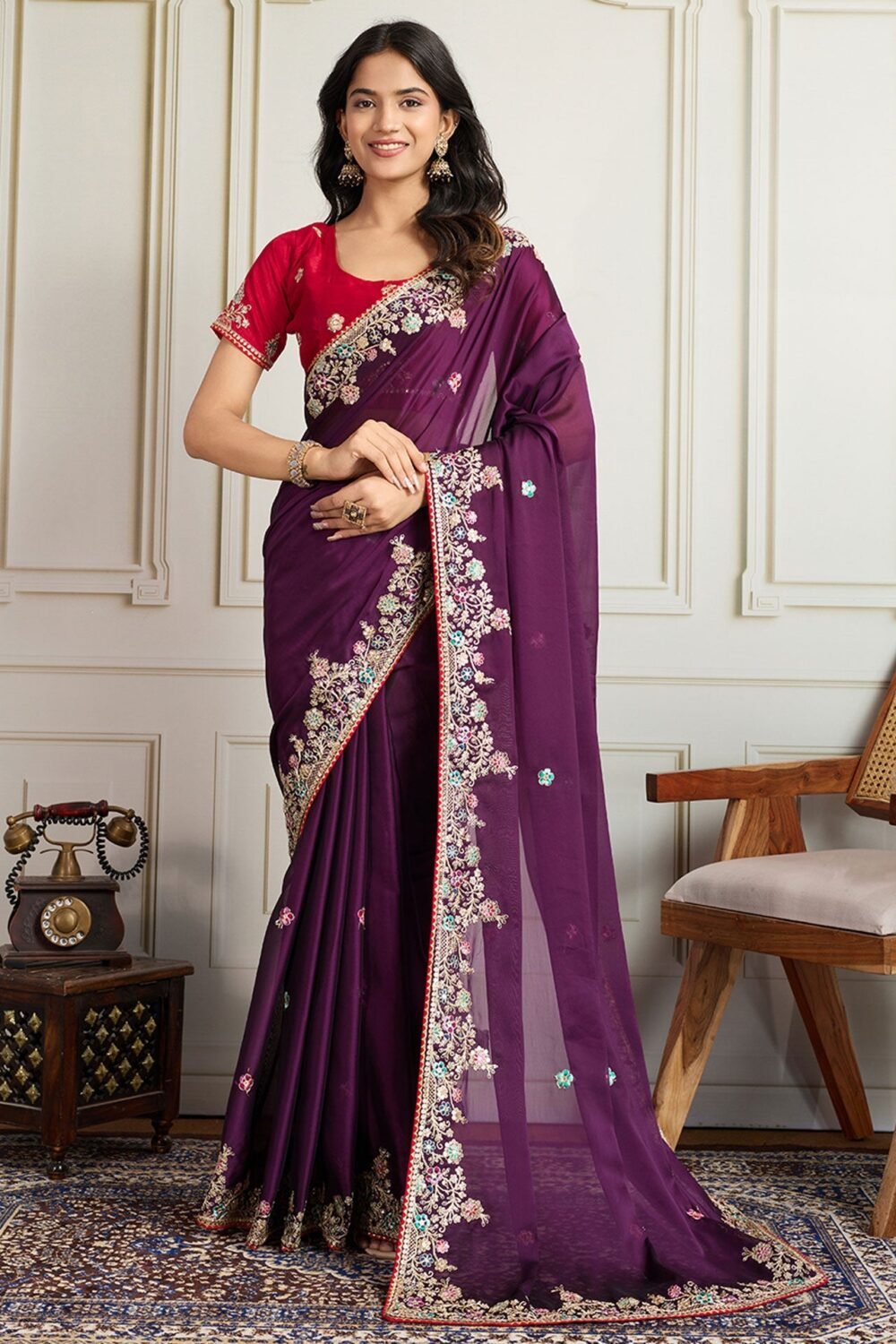Purple Georgette Saree With Embroidered Art Silk Red Blouse For Women