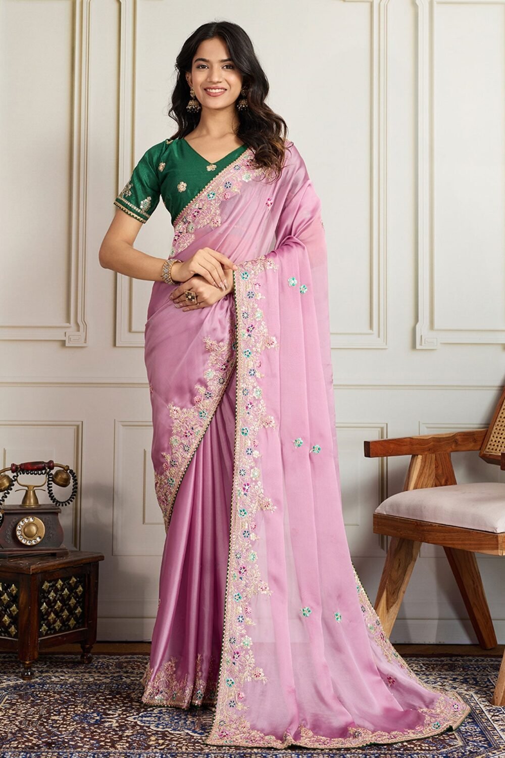 Baby Pink Georgette Saree With Embroidered Art Silk Green Blouse For Women