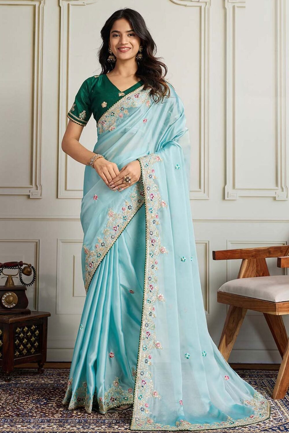 Sea Green Georgette Saree With Embroidered Art Silk Green Blouse For Women