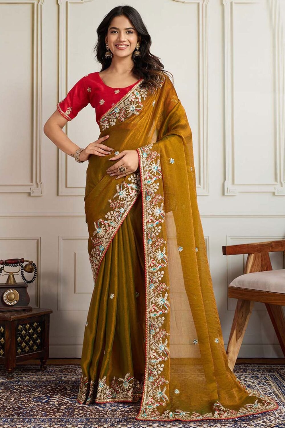 Golden Georgette Saree With Embroidered Art Silk Red Blouse For Women