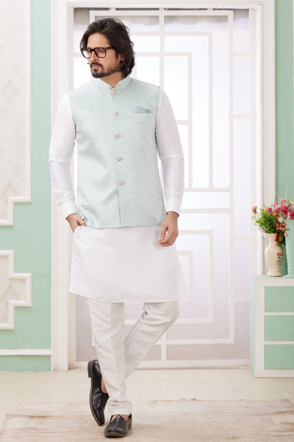 Off White Banarasi Art Silk Readymade Men Kurta Pajama Set With Jacket