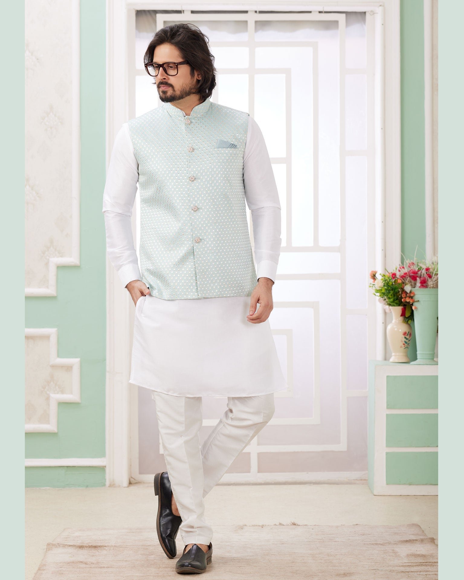 Off White Banarasi Art Silk Readymade Men Kurta Pajama Set With Jacket