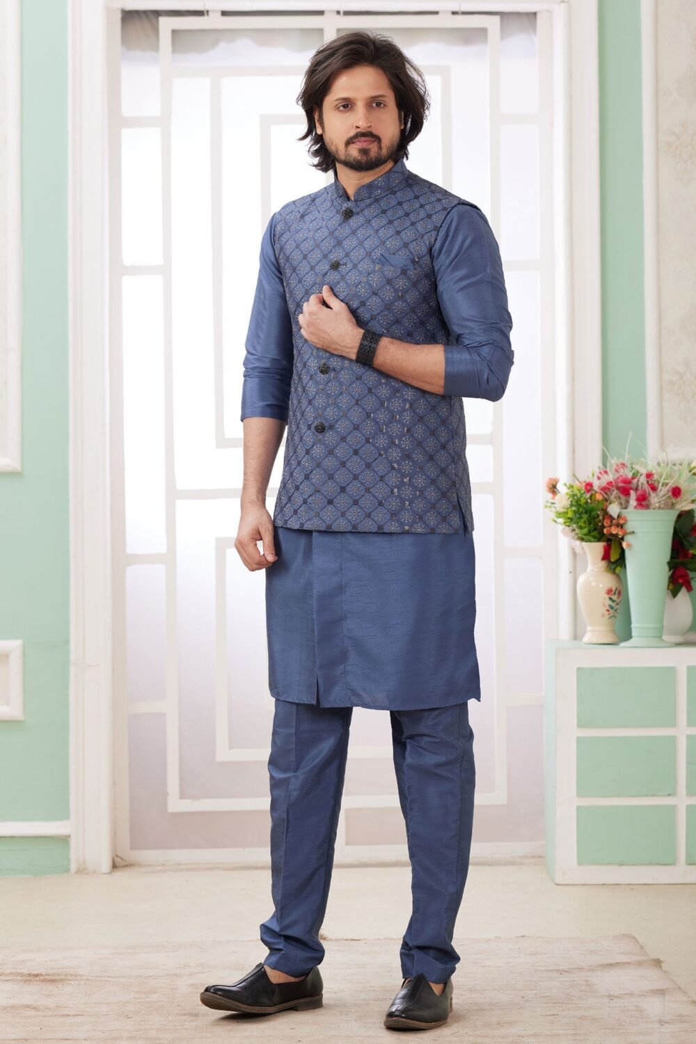 Blue Banarasi Art Silk Readymade Men Kurta Pajama Set With Jacket