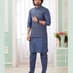 Blue Banarasi Art Silk Readymade Men Kurta Pajama Set With Jacket