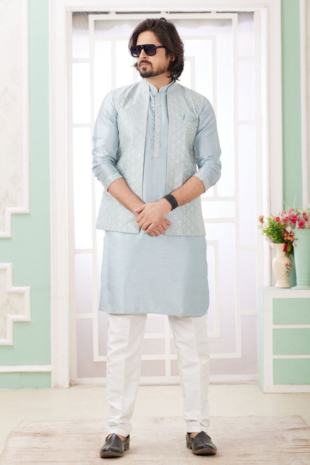 Blue Off White Banarasi Art Silk Readymade Men Kurta Pajama Set With Jacket