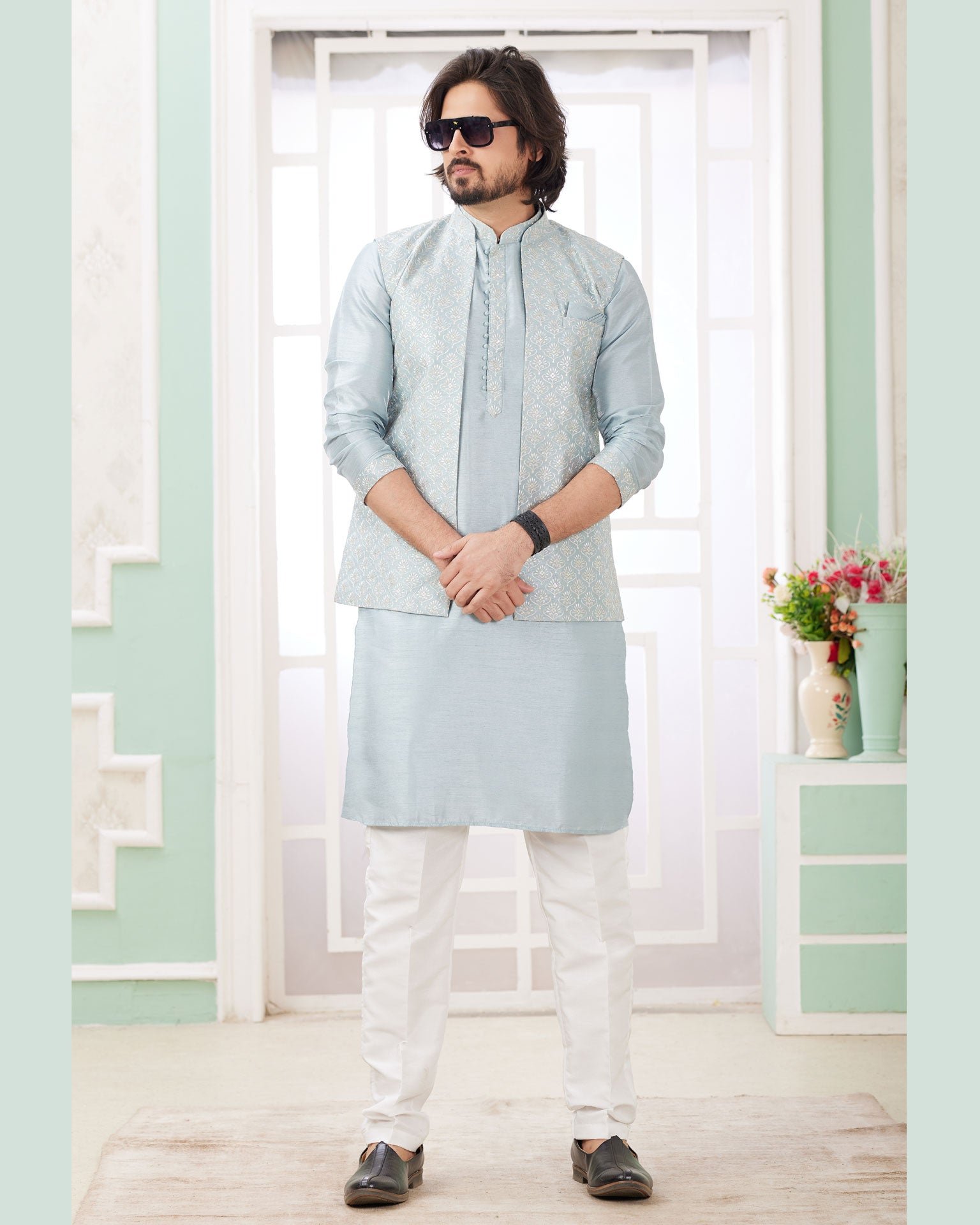 Blue Off White Banarasi Art Silk Readymade Men Kurta Pajama Set With Jacket