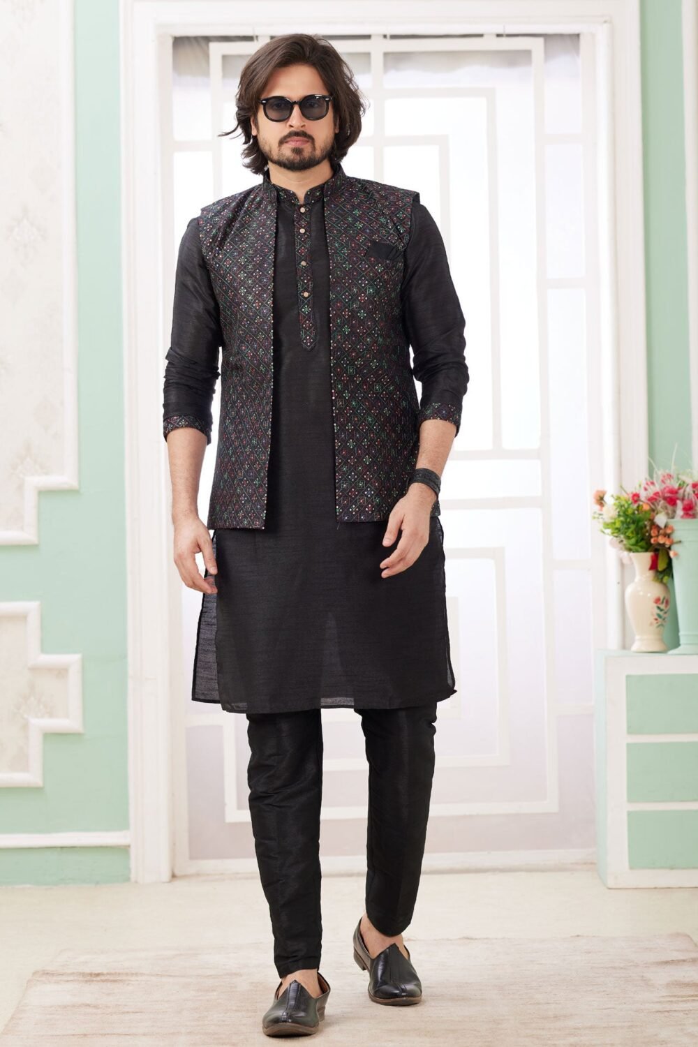 Black Banarasi Art Silk Readymade Men Kurta Pajama Set With Jacket