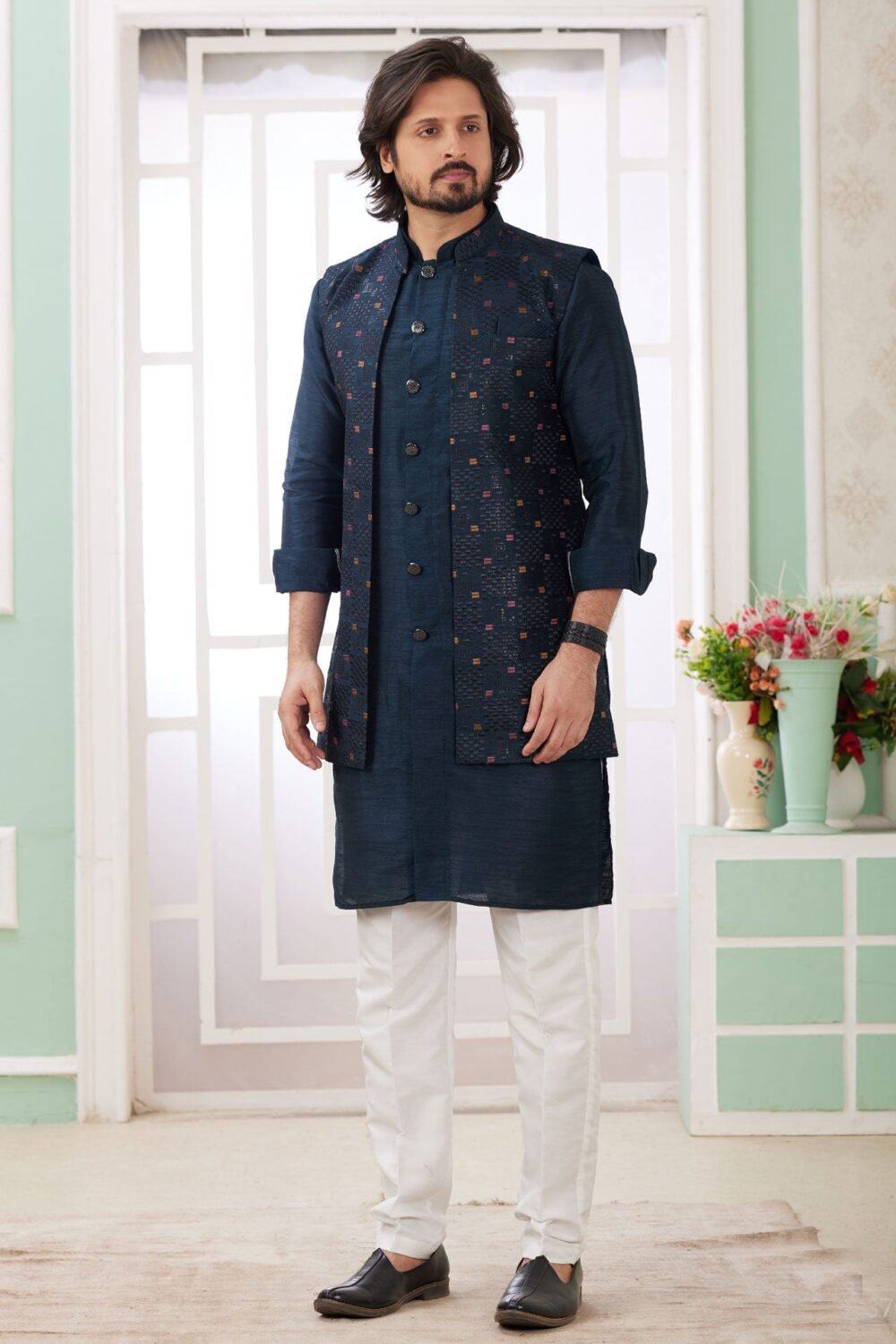 Dark Green Off White Banarasi Art Silk Readymade Men Kurta Pajama Set With Jacket