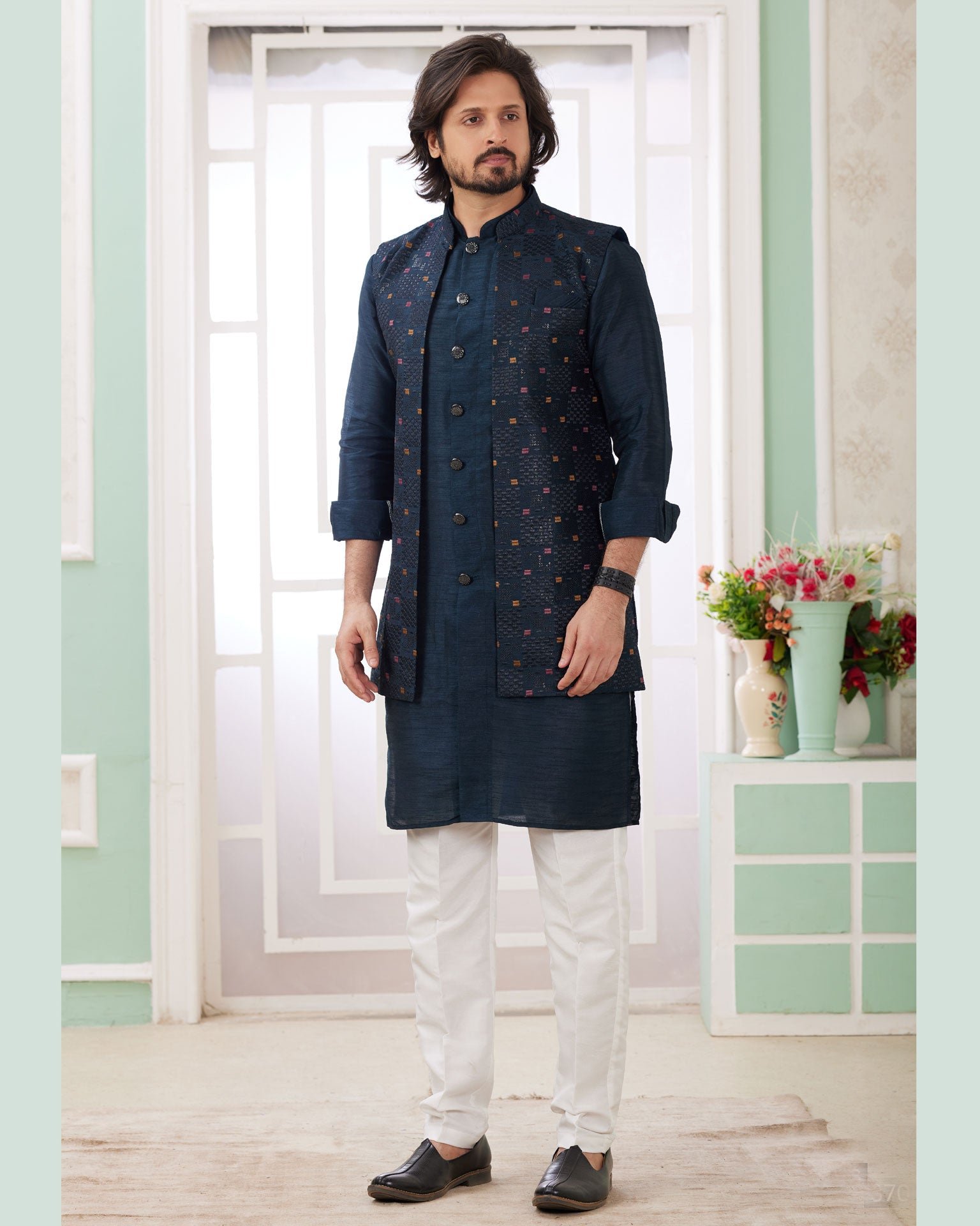 Dark Green Off White Banarasi Art Silk Readymade Men Kurta Pajama Set With Jacket