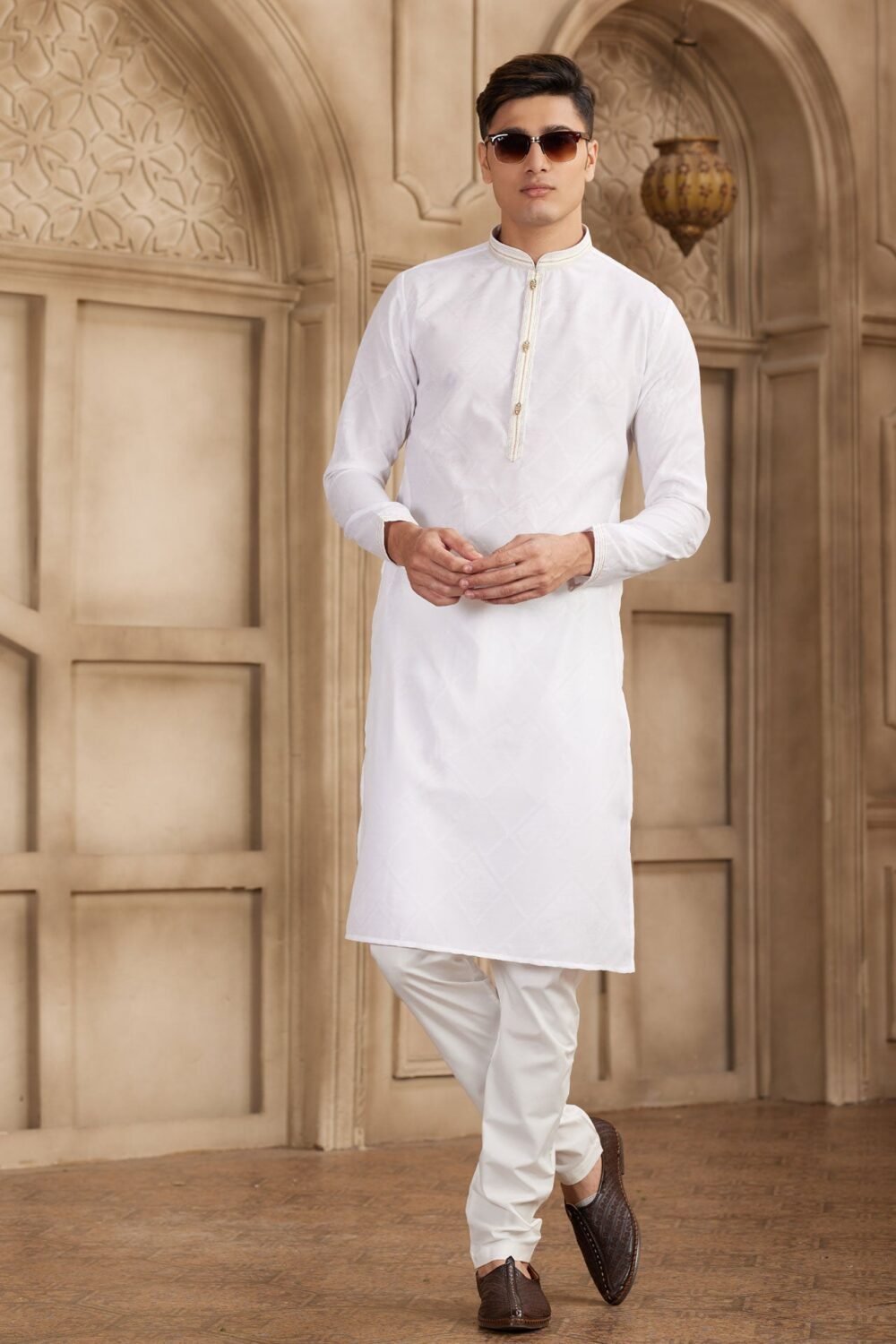 Off White Brocade Art Silk Readymade Men Kurta Pajama Set