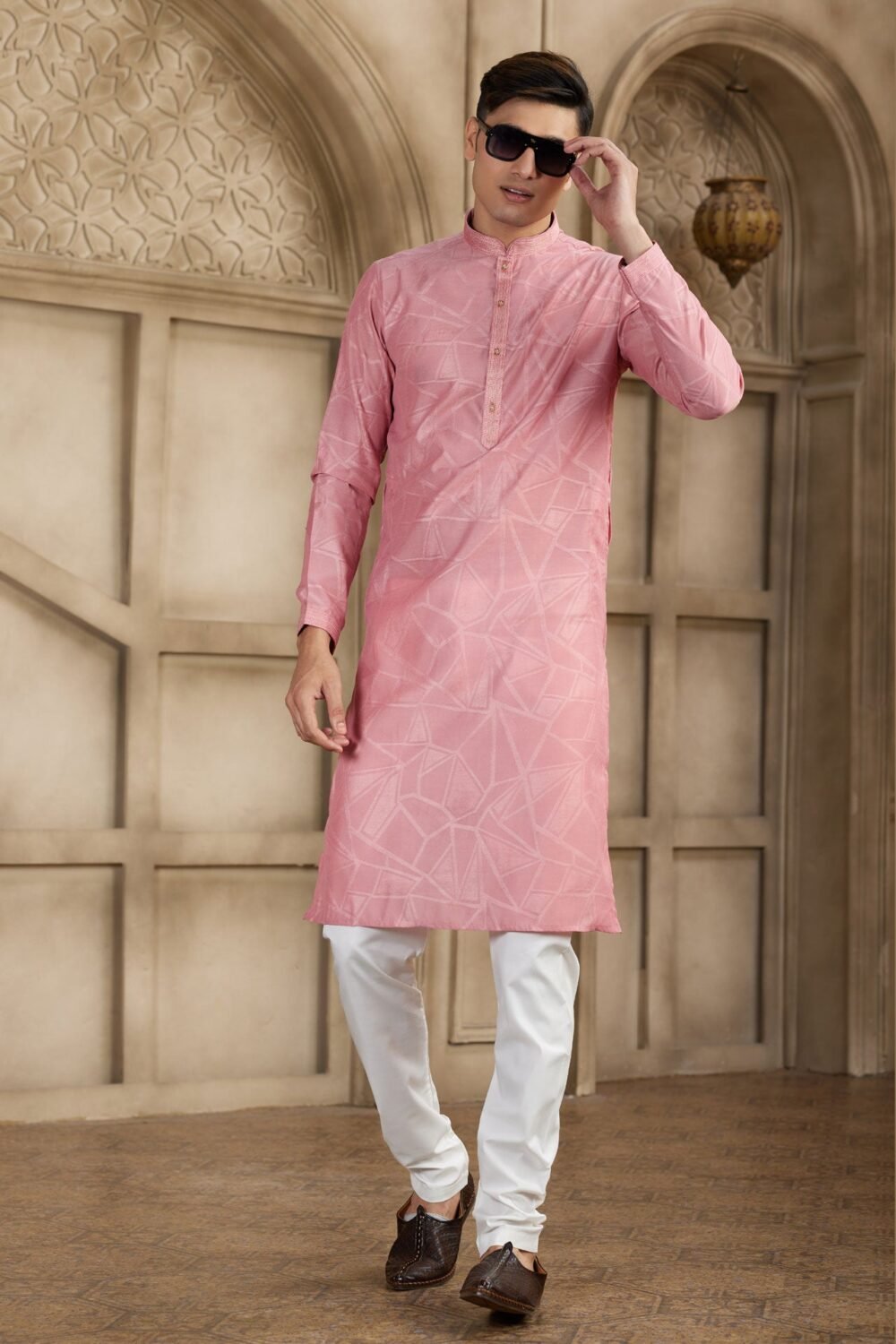 Peach Brocade Art Silk Readymade Men Kurta Pajama Set
