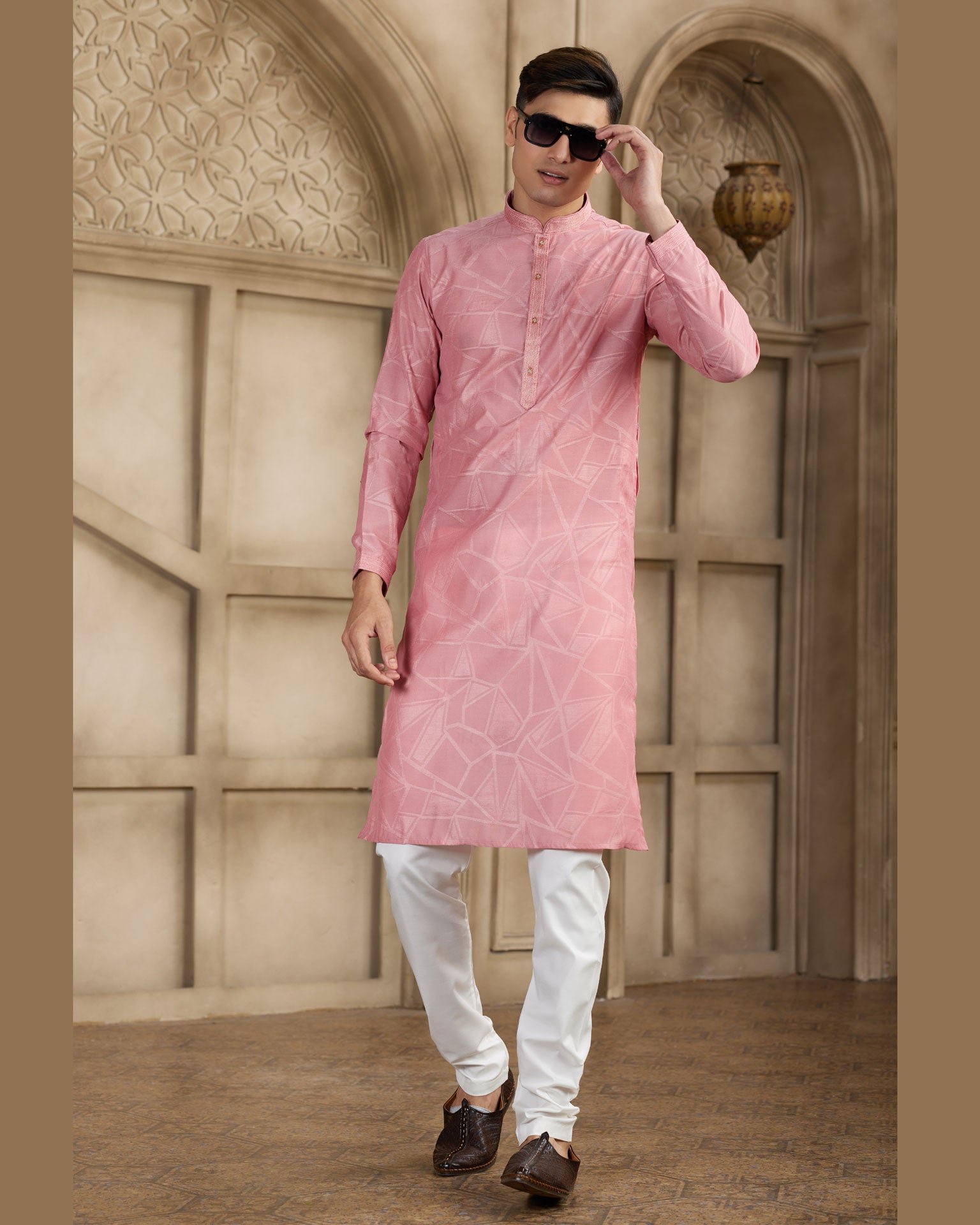 Peach Brocade Art Silk Readymade Men Kurta Pajama Set